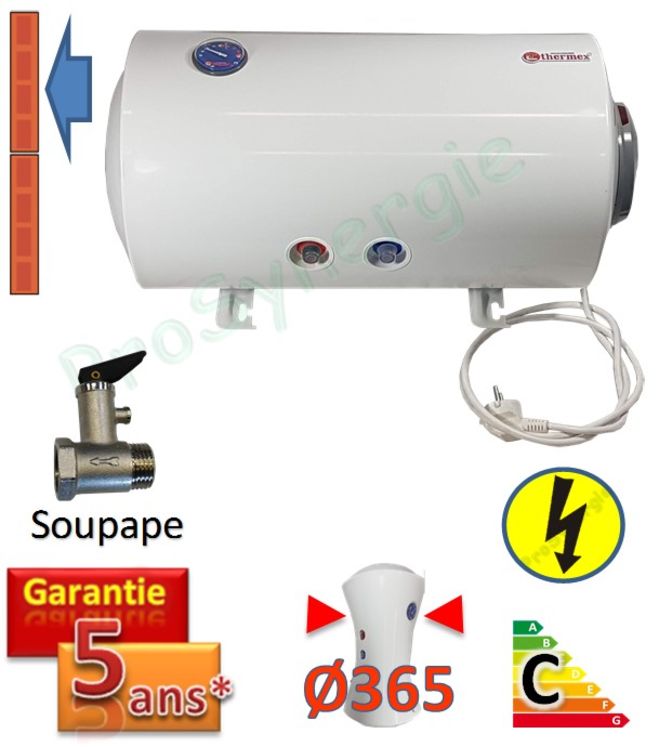 SLIM Champion 50L - Ballon d´eau chaude sanitaire (Chauffe-eau) Horizontal mural électrique 1.5KW 230V - Ø365x378 & Long. 753mm