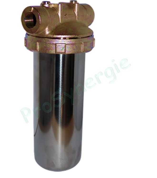 Pot à filtre pour cartouche - Tête et Ecrou bronze et Bol Inox - Raccords Ø 3/4´´ - Hauteur  9´´3/4 - Débit sans cartouche  3 m³