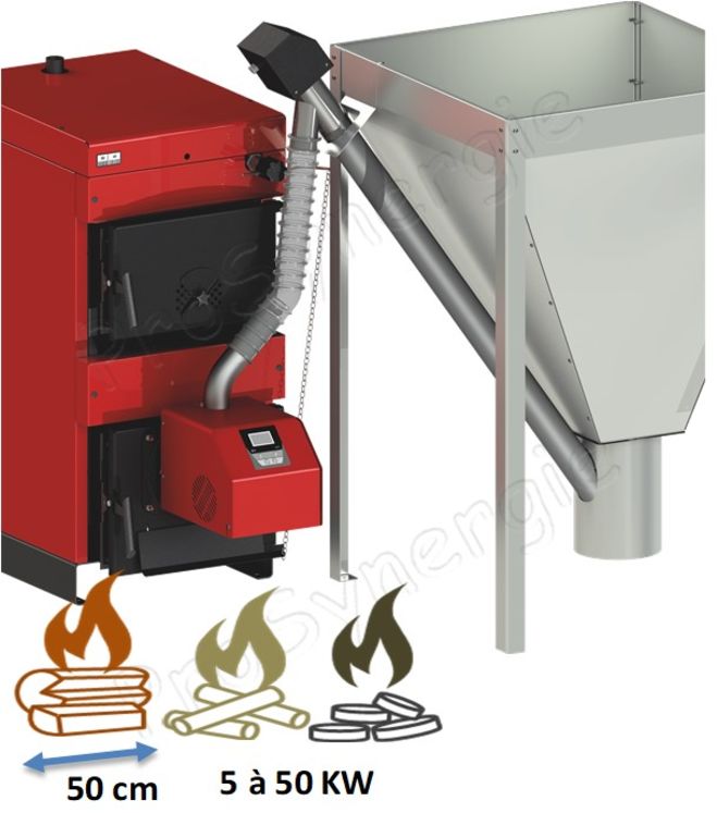 Kit Chaudière bois bûche charbon 30 à 50KW mixte avec brûleur granulés (régulation électronique intégré et vis externe d´alimentation automatique) + Silo de stockage 300 ou 500 litres