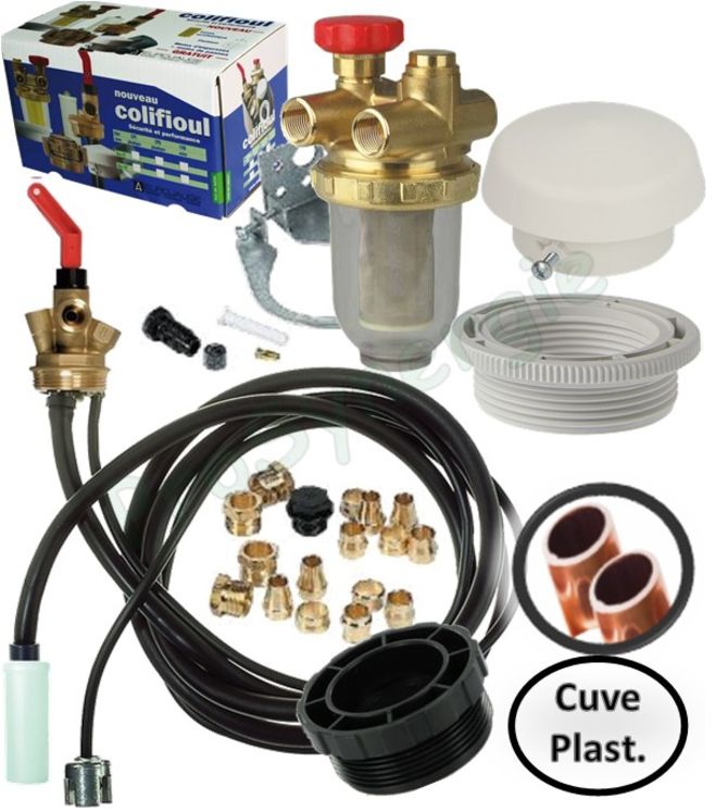 Kit Colifioul bitube pour cuve (ensemble vanne police soutirage à flotteur, filtre AR 500 et accessoires raccords ventilation remplissage)