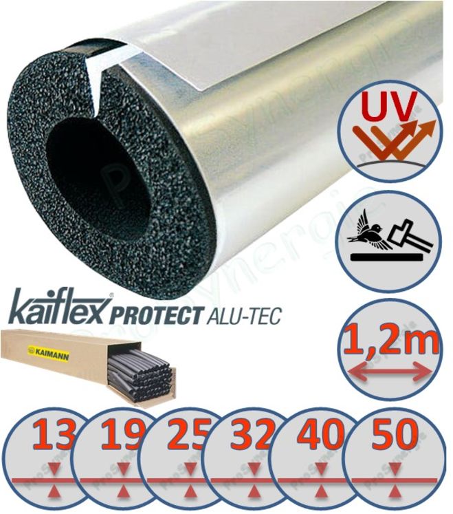 Manchon Isolant Elastomère revêtement souple finition Alu Kaiflex Protect Alu-Tec Longueur 1,2m Epaiseur 13mm - pour tuyau Øint. 25mm (43,2m ou 36pce/carton)