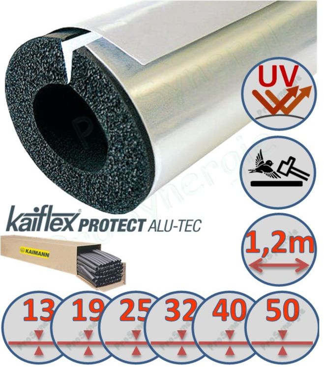 Manchon Isolant Elastomère revêtement souple finition Alu Kaiflex Protect Alu-Tec Longueur 1,2m Epaiseur 25mm - pour tuyau Øint. 18mm (14,4m ou 12pce/carton)