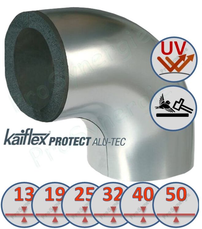 Coude 90° (R=1,5D) pour Isolant Elastomère revêtement souple finition Alu Kaiflex Protect Alu-Tec Epaisseur 13mm - pour tuyau Øint. 15mm