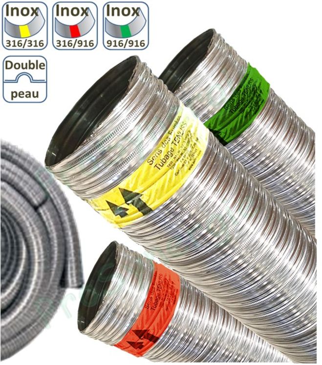 Mètre de Tubage Flexible Double Peau (en touret de 2x100m) pour conduit de cheminée Inox 316/316 (bandeau jaune) Ø  80/86 (int./ext.)