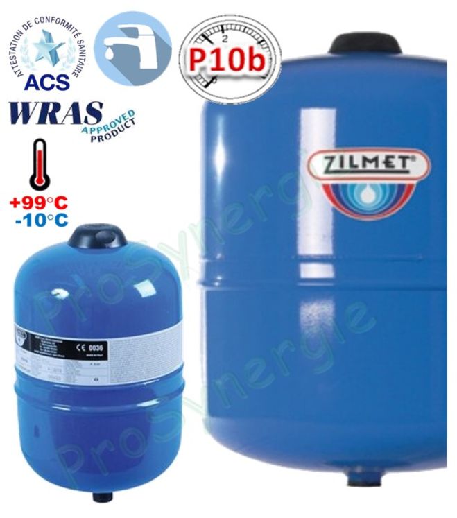 Vases d´expansion sanitaires ACS eau potable froide/chaude suspendu série Hydro-Pro Contenance 18 Litres Ø x Haut. = 270 x 395mm - Raccord ØM3/4´´