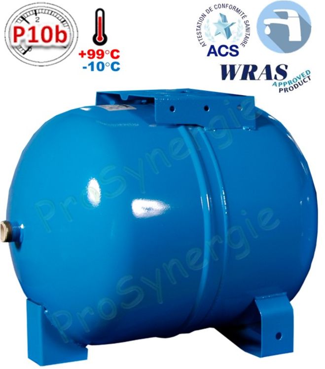 Vases sanitaires ACS horizontal sur pied pour eau potable froide ou chaude  - Série Hydro-Pro Hydroblue 50 Litres - Raccord. 1´´ - (diam.=380 L=418mm)