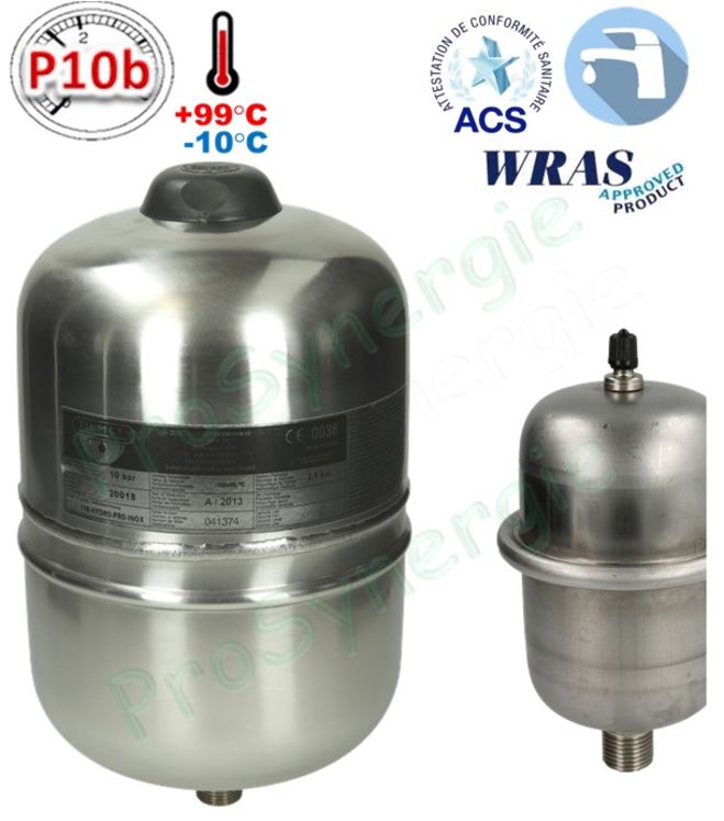 Vase d´expansion Inox sanitaires ACS eau potable froide/chaude suspendu série Inox-Pro Contenance 18 Litres Ø x Haut. = 270 x 406mm - Raccord ØM1´´