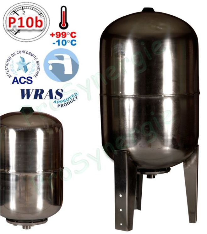 Vase d´expansion Inox sanitaires ACS eau potable froide/chaude sur pieds série Inox-Pro Contenance 60 Litres Ø x Haut. = 380 x 880mm - Raccord ØM1´´