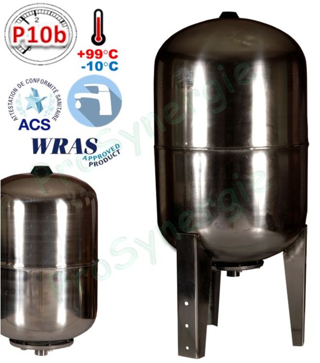 Vases d´expansion Inox sanitaires ACS eau potable froide/chaude sur pieds série Inox-Pro Contenance 100 Litres Ø x Haut. = 450 x 930mm - Raccord ØM1´´