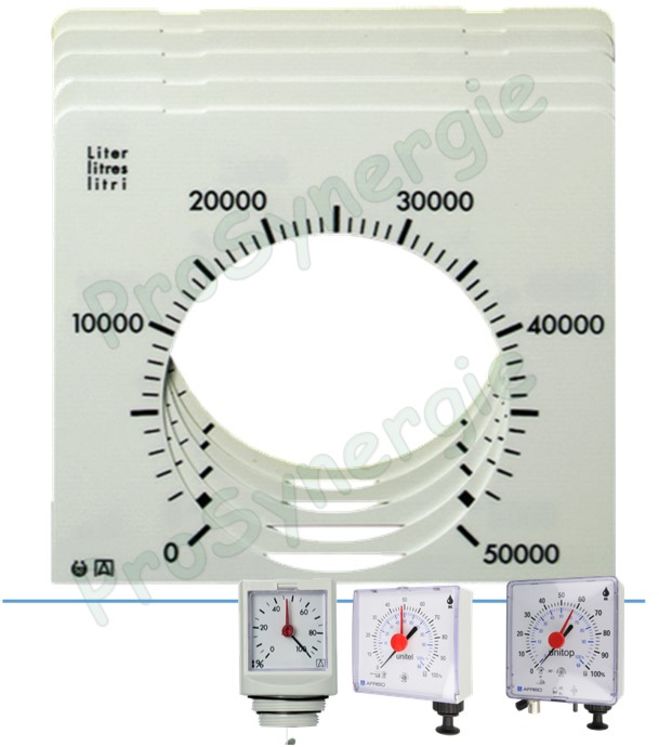 Plaque indication avec échelle pour jauge mécanique Unitel Unitop ou Unimes (de 3 000 à 100 000 litres)