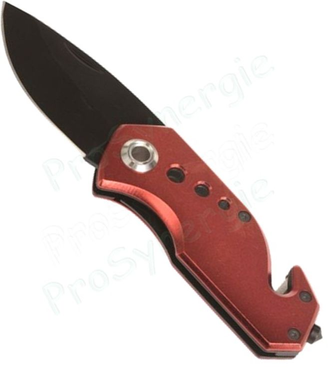Cadeau - Couteau de survie de poche "Distress" couleur rouge avec attache pour ceinture intégré, marteau de sécurité