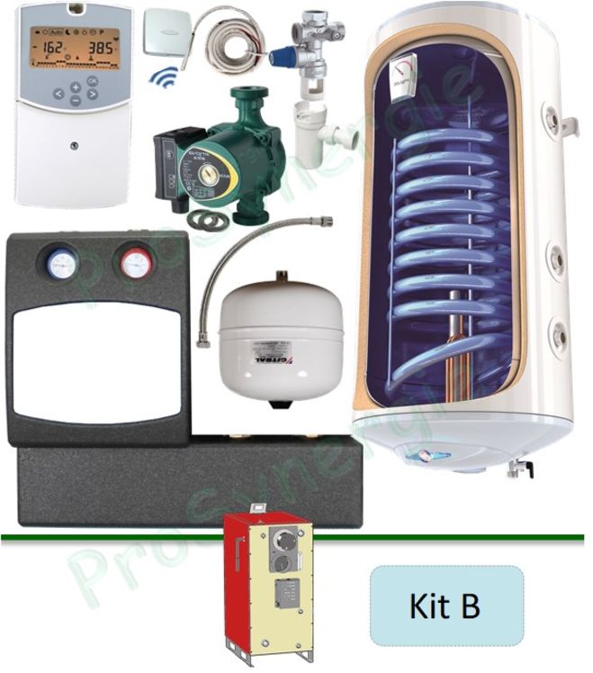 Kit B - Extension production eau chaude sanitaire (installation chauffage) - Ballon 150 litres échangeur / Elec. + module hydraulique DN25 et régulation climatique 2 circuits