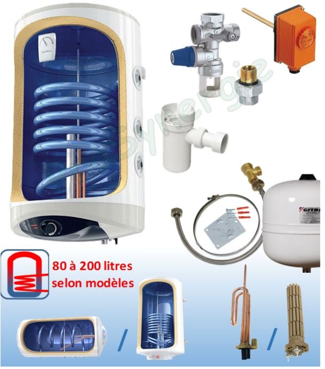 Chauffe eau sanitaire mixte Vertical ou Horizontal Mural 80 à 200 litres (résistance électrique 230V + échangeur chauffage) + kit accessoires (vase sanitaire litres, groupe de sécurité, régulation et fixation)