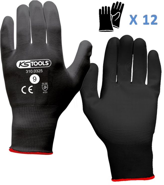 Lot de 12 paires de Gants micro-fibres - Noir- Revêtement en polyuréthane au niveau de la paume de main