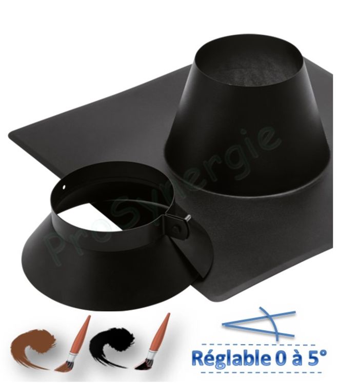 Solin Inox Plat et collet Noir pour conduit de fumée Ø ext 125 mm - Inclinaison de toit 0 à 10°