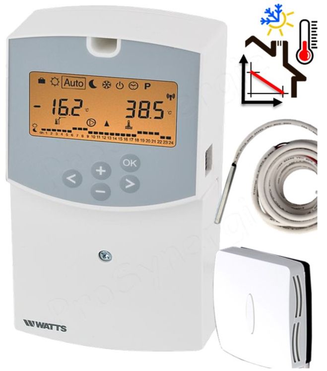 Régulation Watts climatique - Climatic Control H&C (commande moteur V3V circuit régulé + 2ème circuit type ECS) sonde départ et extérieur (Filaire ou Radio sans fil)