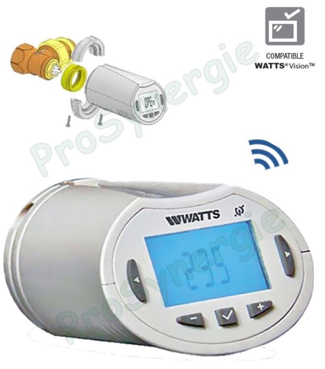 Tête thermostatique électronique programmable avec écran LCD conçue pour piloter des radiateurs hydrauliques (compatible Watts Vision)