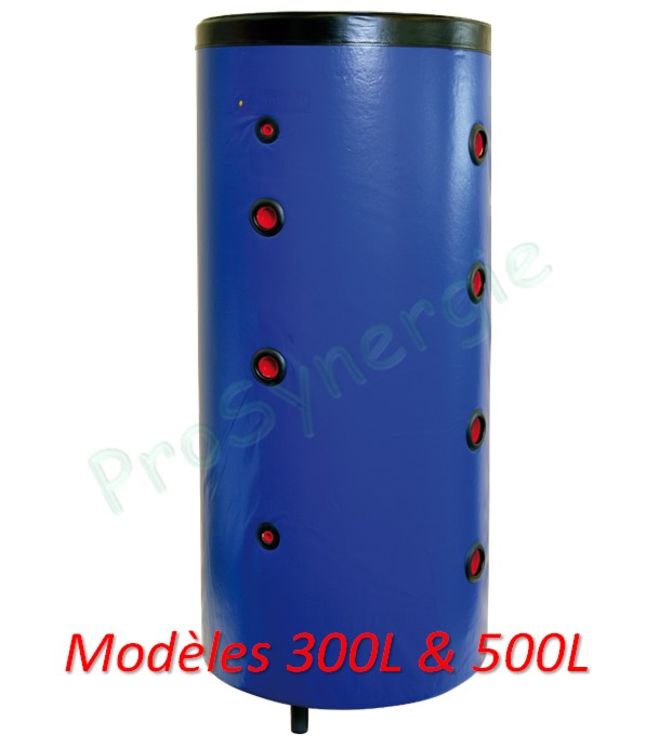 Bouteille sur pieds acier jaquette skaï (chauffage) 300 litres Isolation polyuréthane injectée ép.35mm classe ERP C - 8 piquages latéraux Ø1´´1/2 (hors mesure emplacement résistance) - ØxH=620x1515mm