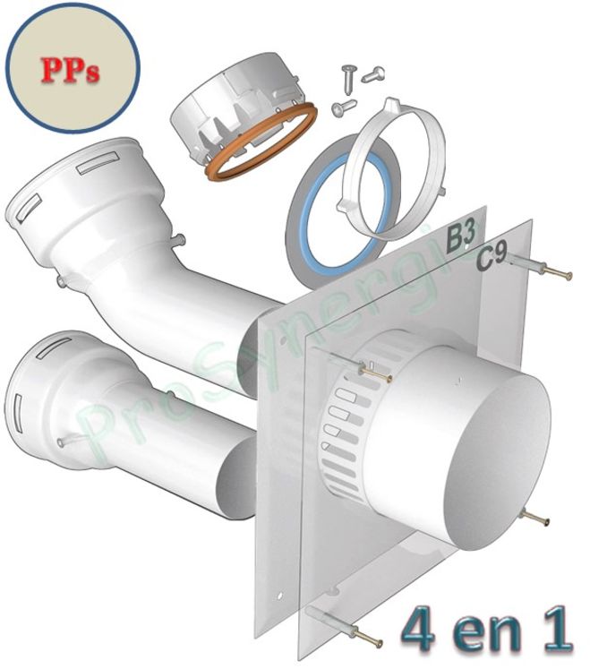 Plaque Montage 4 en 1 (Plafond / Mural - C9 / B2) - Tubage Flexible PPL pour Chaudières gaz Condensation ou fioul Condensation