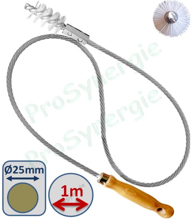 Goupillon Brosse Ronde - Fil Polyamide 0,5 - Ø 25 mm - Lg garnissage 40 - Câble métal souple Ø 5 mm - Lg de tige 100 cm