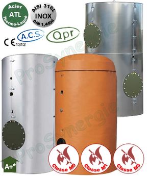 Ballon +Eco Tampon ECS 3000 Litres Vertical sur pieds Inox 316L T<95°C -2 trous d´homme DN 400 Isolant Classe M3 ép.100mm - HxØ=2455x1600mm