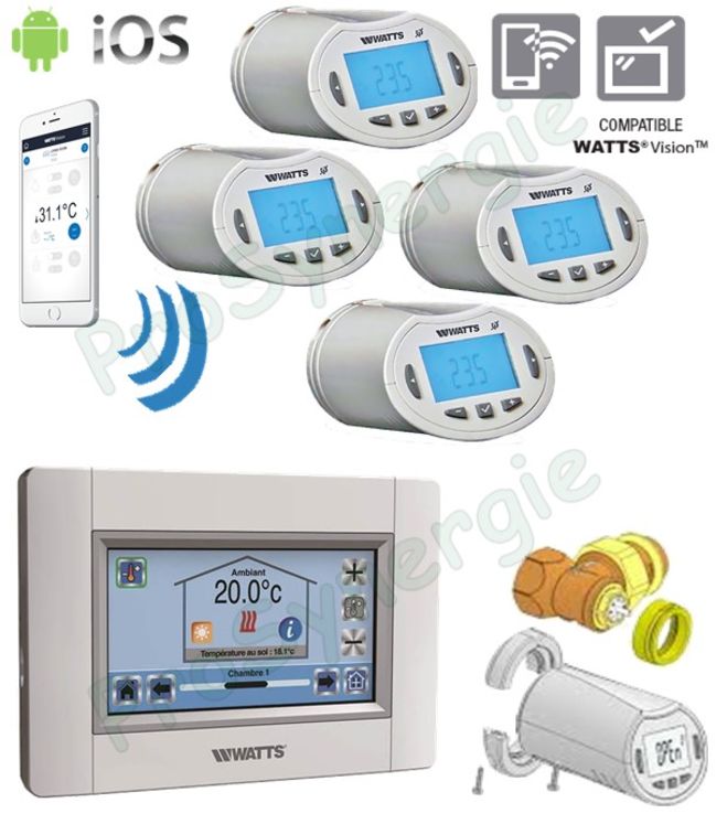 Kit base régulation chauffage central 4 radiateurs - Système connecté Watts Vision pilotable à distance