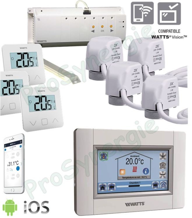 Kit base régulation chauffage central plancher chauffant 4 circuits et 3 zones - Système connecté Watts Vision pilotable à distance