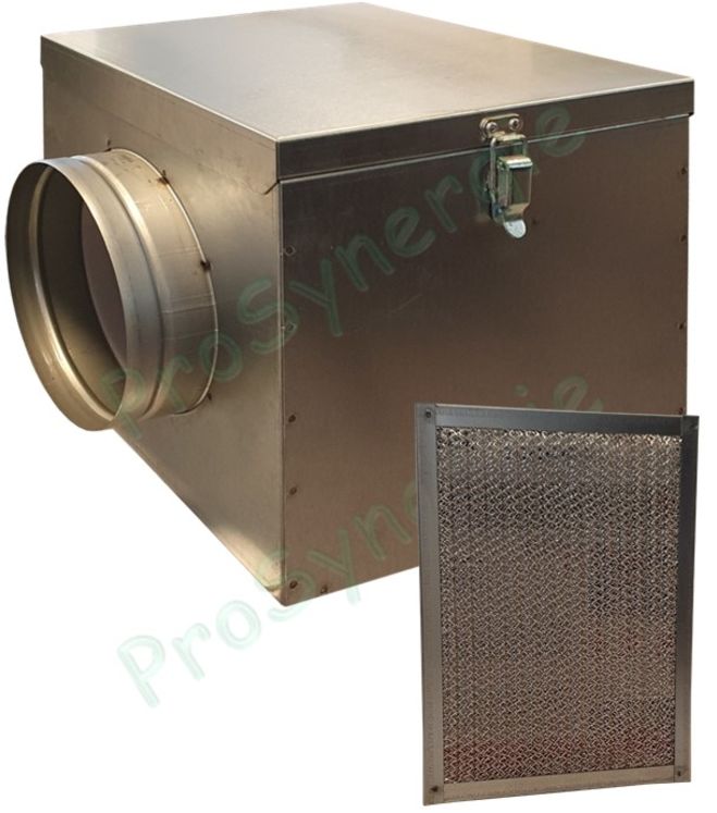 Caisson filtration Galva (HxLxP = 240x250x250mm) piquages Ø150mm pour récupération d´air chaud + filtre métallique haute température