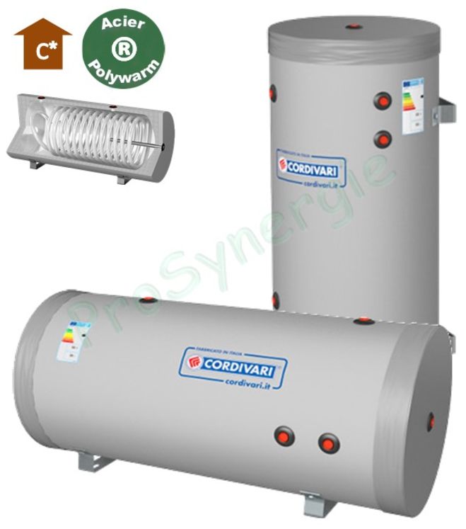Préparateurs Eau chaude sanitaire (vertical et horizontal) 100 litres acier revêtement ACS Polywarm (isolé ép. 50mm) classe ERP C 1 échangeur bas (0,44m²) - ØxH=456x954mm