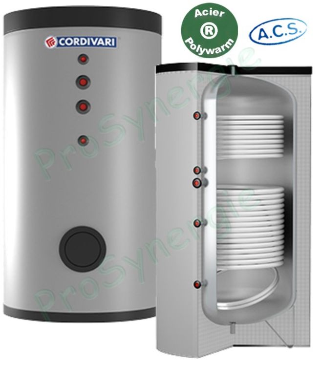 Préparateurs Eau chaude sanitaire 300 litres acier revêtement ACS Polywarm (isolé ép. 50mm) classe ERP B 2 échangeurs bas et haut (1,2 & 0,7m²) - ØxH=650x1486mm