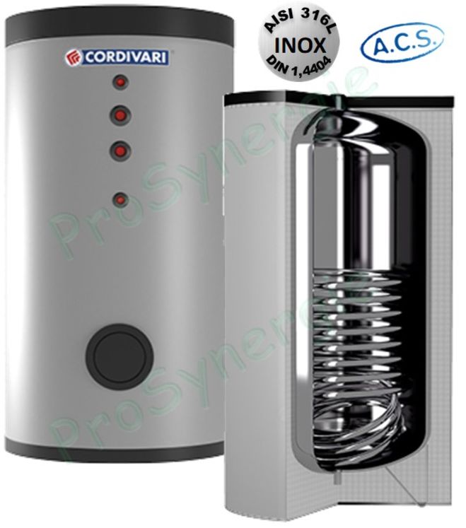 Préparateurs Eau chaude sanitaire 300 litres Inox 316L (isolé ép. 50mm) classe ERP B 1 échangeur bas (1,2m²) - ØxH=650x1501mm