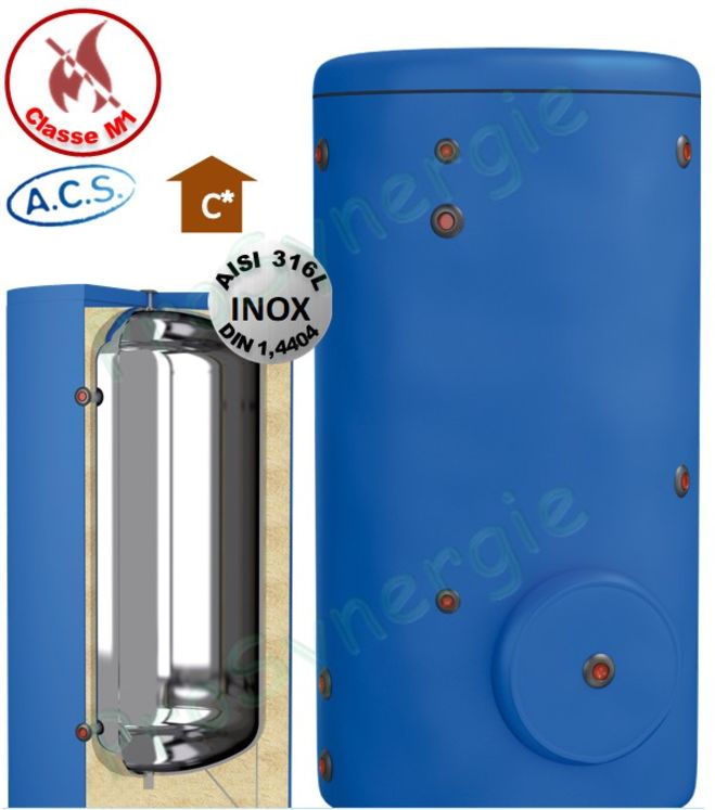 Ballon stockage ECS 1000 litres (trou d´homme, jaquette amovible) Inox 316L (Isolé M1 ép. 100mm) classe ERP C - ØxH=1020x2192mm