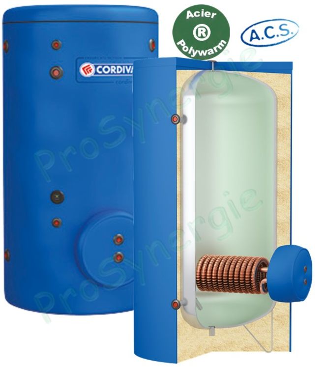 Préparateurs Eau chaude sanitaire 1000 litres acier revêtement ACS Polywarm (isolé M1 ép. 100mm) classe ERP C 1 échangeur cuivre extractible 5,26m² - ØxH=1070x2188mm
