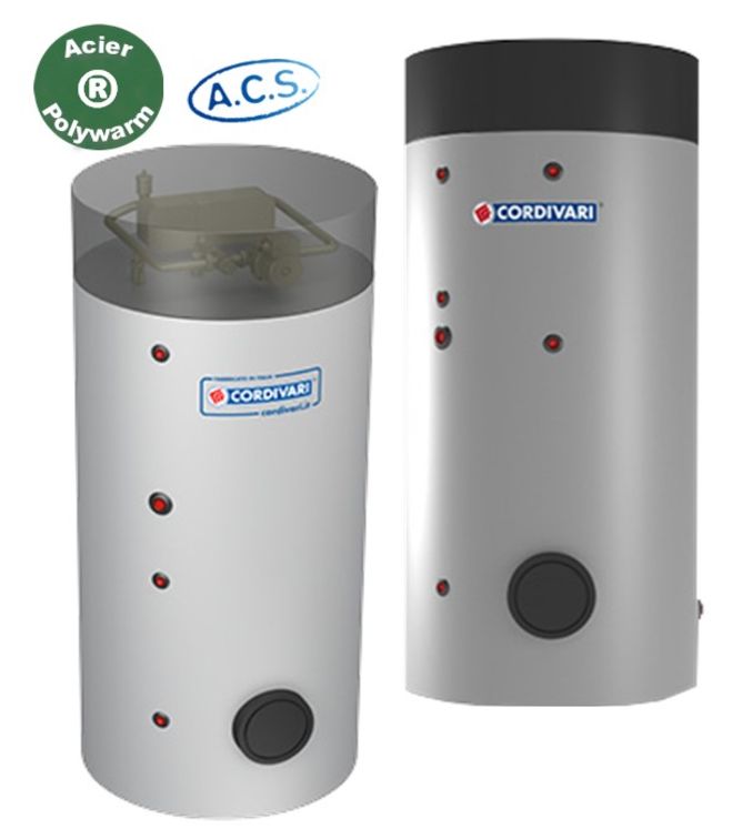 BOLLY® 1 PDC - Préparateurs Eau chaude sanitaire 300 litres avec échangeur à plaque spécial PAC, pompe et mitigeur T°C classe ERP B - ØxH=650x1680mm
