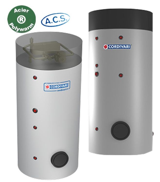 BOLLY® 2 PDC - Préparateurs Eau chaude sanitaire 300 litres avec échangeur à plaque spécial PAC, pompe et mitigeur T°C classe ERP B + 1 échangeur bas 1,2m² - ØxH=650x1680mm