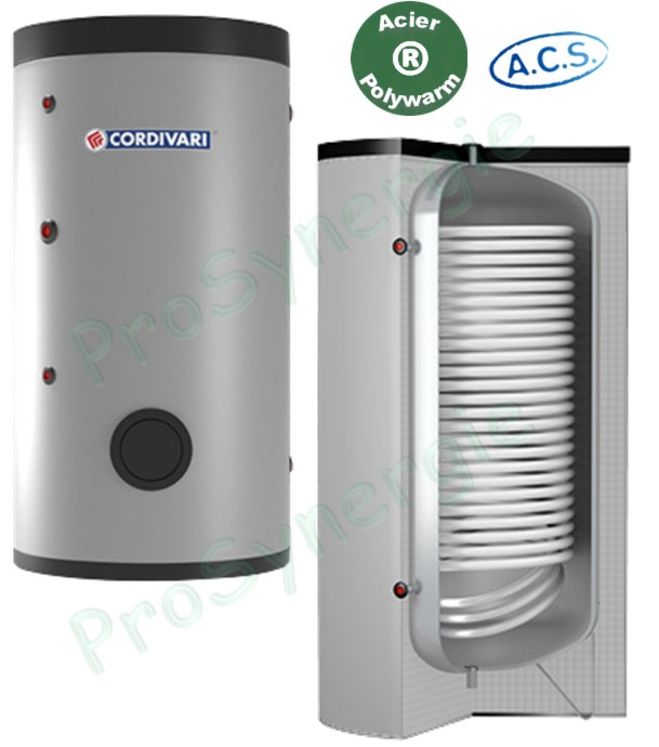 Préparateurs Eau chaude sanitaire 200 litres acier revêtement ACS Polywarm (isolé ép. 50mm) classe ERP B 1 échangeur XL (spécial PAC) 2m² - ØxH=550x1440mm