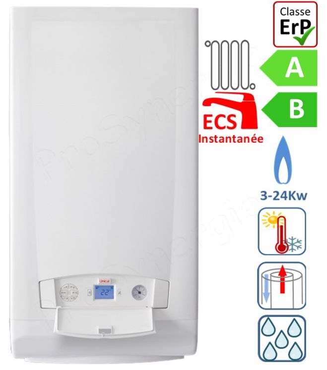 Unike - Chaudière murale Gaz Nat. & GPL 3,2 à 23,6Kw condensation mixte (chauffage + ECS instantantané) raccordement ventouse Øint/ext 60/100mm - HxLxP=700x420x345mm