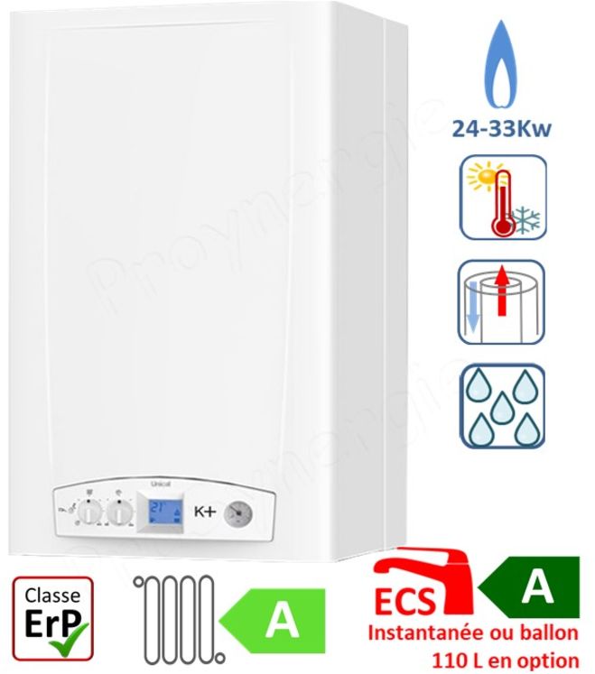 K+ - Chaudière murale Gaz Nat. & GPL 3 à 23,4Kw Condensation Chauffage seul raccordement ventouse Øint/ext 60/100mm - HxLxP=700x420x345mm