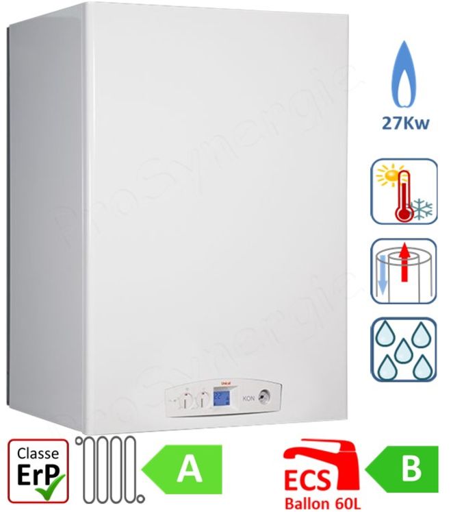 Unik B - Chaudière murale G25 4,6 à 28,5Kw Condensation Mixte (chauffage + ECS Ballon 60 litres) raccordement ventouse Øint/ext 60/100mm - HxLxP=900x680x420mm