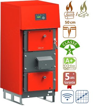 LAMIX 2S - Chaudière bicombustible automatique haut rendement A+ bois bûche (flamme inversée) + granulé 10.7 à 34,4Kw raccordement cheminée Ø150mm - HxLxP=1500x660x1288mm