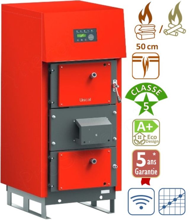 LAMIX 2S - Chaudière bicombustible automatique haut rendement A+ bois bûche (flamme inversée) + granulé 10.7 à 34,4Kw raccordement cheminée Ø150mm - HxLxP=1500x660x1288mm