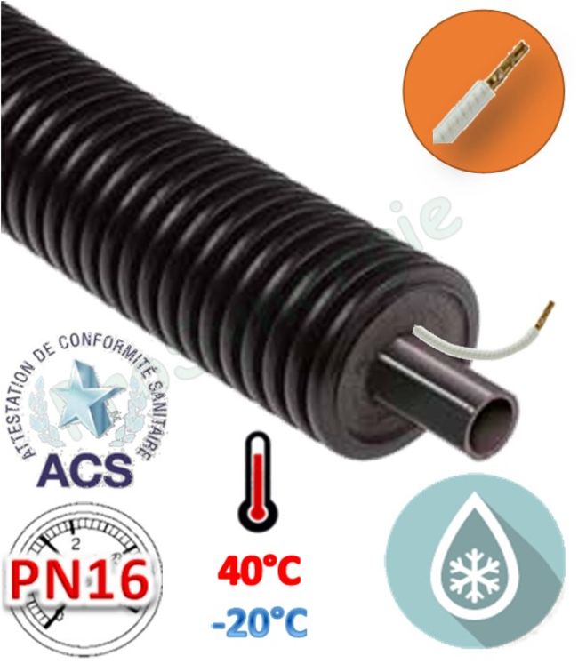 Mètre de Tube flexible pré-isolé (à enterrer) Eau froide PN16 (+cable chauffant) - Ø 32x2,9mm (DN25) - Øext. Gaine avec Isolation 75mm