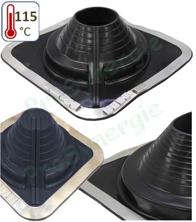 Etanchéité souple SolFlexe EPDM Noir (115 °C maxi) Ø 5 à 760 mm - Ouverture latérale possible - Avec embase carrée - Pour sortie de toiture