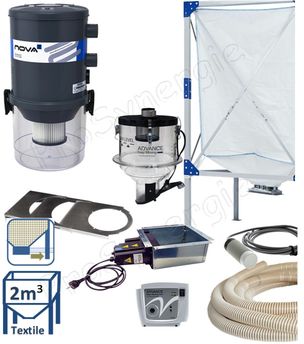 Kit automatique transfert de granulés à partir du bas d´un silo de stockage textile (1,9m³) avec une cassette à débourrage + registre, vers le remplissage d´un poêle/chaudière avec un doseur et aspirateur filtrant