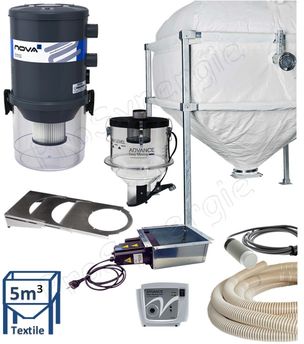 Kit automatique transfert de granulés à partir du bas d´un silo de stockage textile (3,8 à 5,2m³) avec une cassette à débourrage + registre, vers le remplissage d´un poêle/chaudière avec un doseur et aspirateur filtrant