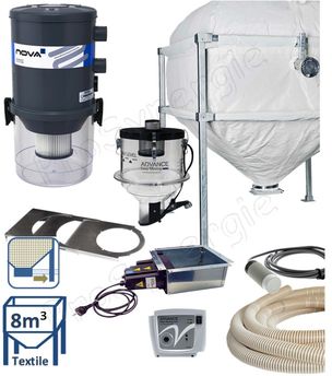 Kit automatique transfert de granulés à partir du bas d´un silo de stockage textile (6,1 à 8,5m³) avec une cassette à débourrage + registre, vers le remplissage d´un poêle/chaudière avec un doseur et aspirateur filtrant