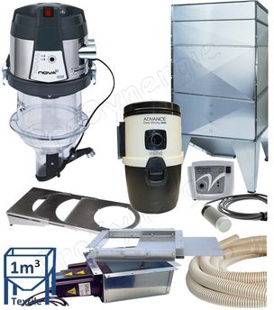 Kit automatique ''Nova Pack'' transfert de granulés à partir du bas d´un silo de stockage acier modulaire (1,2m³) avec une cassette à débourrage + registre, vers le remplissage d´un poêle/chaudière avec un doseur aspirateur et d'un module filrant
