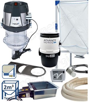Kit automatique ''Nova Pack'' transfert de granulés à partir du bas d´un silo de stockage textile (1.9m³) avec une cassette à débourrage + registre, vers le remplissage d´un poêle/chaudière avec un doseur aspirateur et d'un module filrant