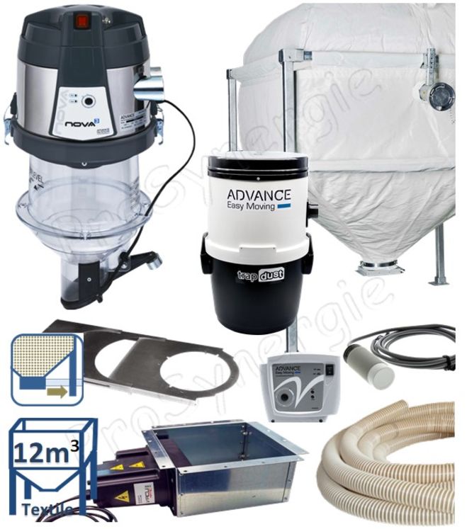 Kit automatique ''Nova Pack'' transfert de granulés à partir du bas d´un silo de stockage textile (8 à 11,7m³) avec une cassette à débourrage + registre, vers le remplissage d´un poêle/chaudière avec un doseur aspirateur et d'un module filrant4