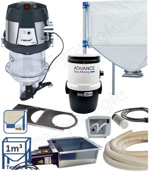 Kit automatique ''Nova Pack'' transfert de granulés à partir du bas d´un silo de stockage textile (1m³) avec une cassette à débourrage + registre, vers le remplissage d´un poêle/chaudière avec un doseur aspirateur et d'un module filrant